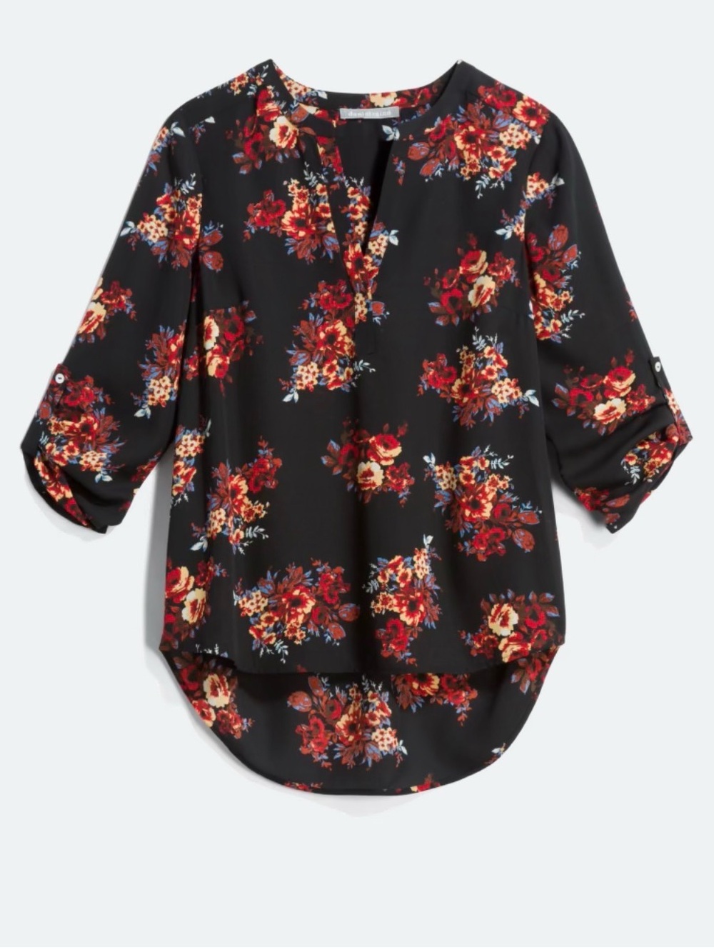 Daniel Rainn Black Floral Split-Neck Tunic with Red and Cream Blooms